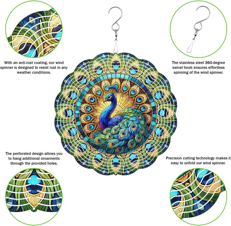 PUCPAM Peacock Wind Spinner, 3D Hanging Stainless Steel Garden Spinner, Wind Spinner Hanging for Outdoor & Indoor Décor, Unique Gifts for Yard Garden Decoration or Patio Décor (Peacock) - Image 4